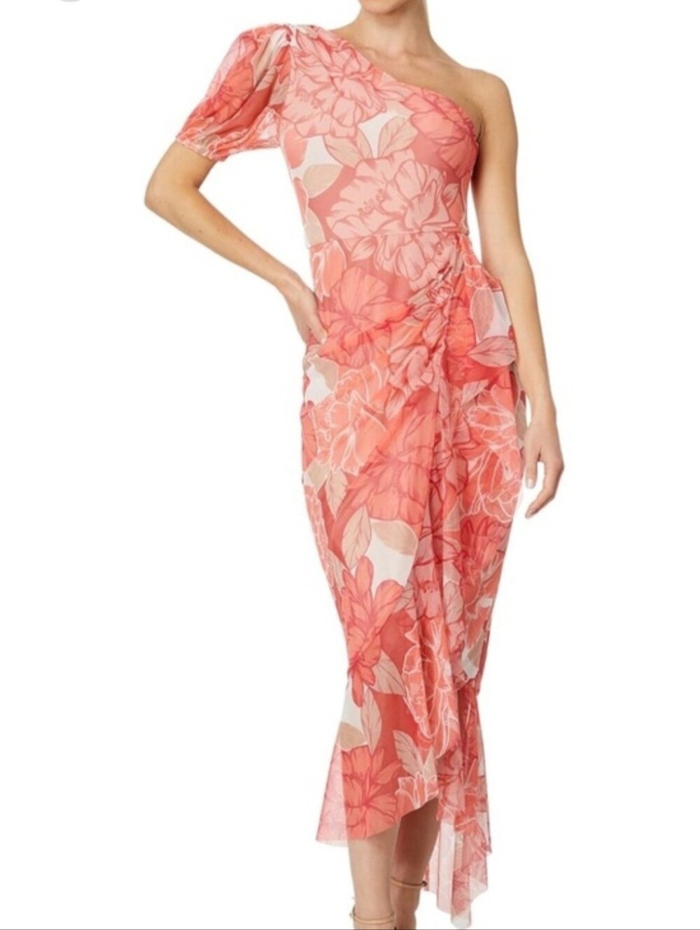 BCBGMaxAzria One-Shoulder Coral Orange Pink Floral Midi Dress Size L